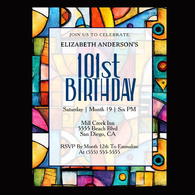 Invitación Cumpleaños Modernista Cubista 101 (Modern colorful abstract 101st birthday invitation for elegant milestone celebration
)