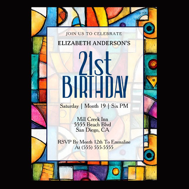 Invitación Cumpleaños Modernista Cubista 21 (Modern colorful abstract 21st birthday invitation for elegant milestone celebration
)