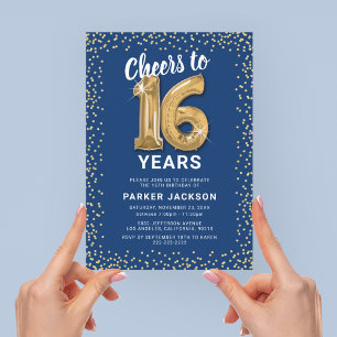 Invitación Cumpleaños moderno 16 azul oro