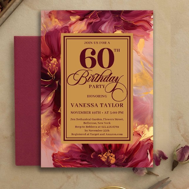 Invitación Cumpleaños moderno 60 burgundy rubor boho dorado (Modern 60th Birthday Burgundy Blush Boho Gold Invitation)