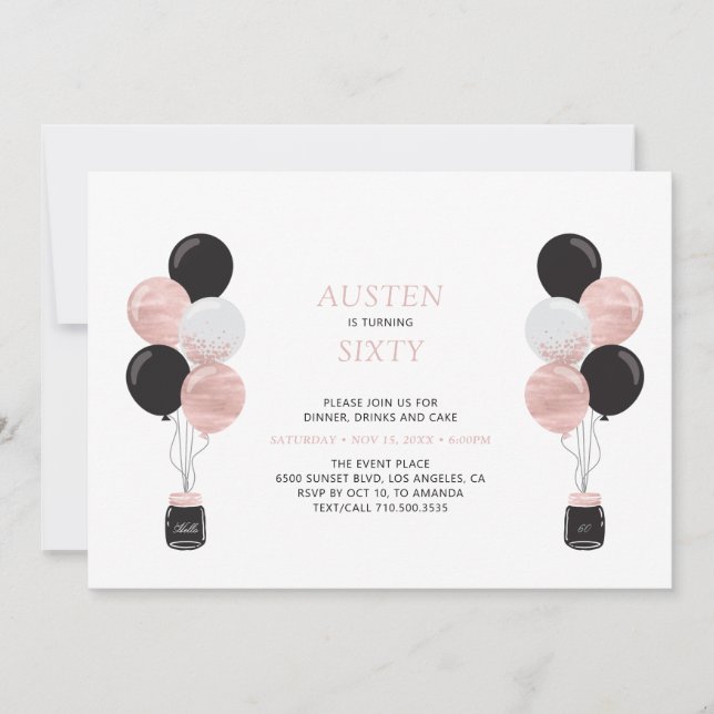 Invitación Cumpleaños moderno 60 con globos de oro rosa y neg (Anverso)