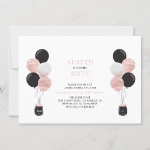 Invitación Cumpleaños moderno 60 con globos de oro rosa y neg