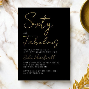 Invitación Cumpleaños moderno 60 y fabuloso oro negro 60