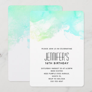 Invitación Cumpleaños Moderno Abstracto Verde y Azul Acuarela
