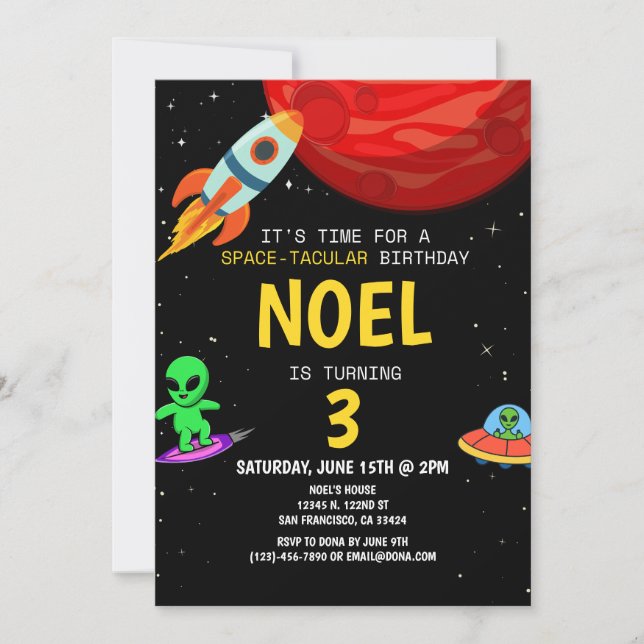Invitación Cumpleaños moderno alienígena negro para niños (Anverso)