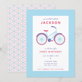 Invitación Cumpleaños moderno azul y rojo en bicicleta