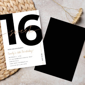 Invitación Cumpleaños moderno blanco y dorado de 16 años