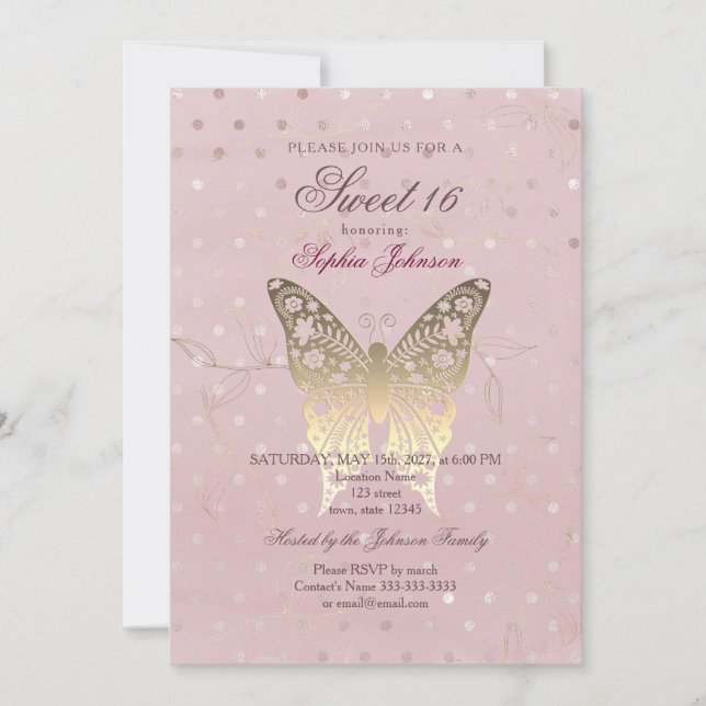 Invitación Cumpleaños Moderno Brillo Rosa Dorado Sweet 16 (Anverso)