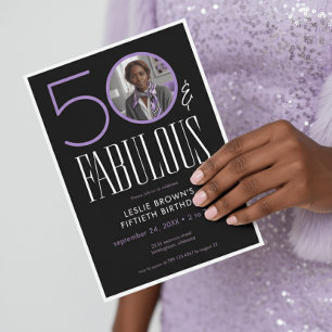 Invitación Cumpleaños Moderno Cincuenta Fabuloso Purpura Blan