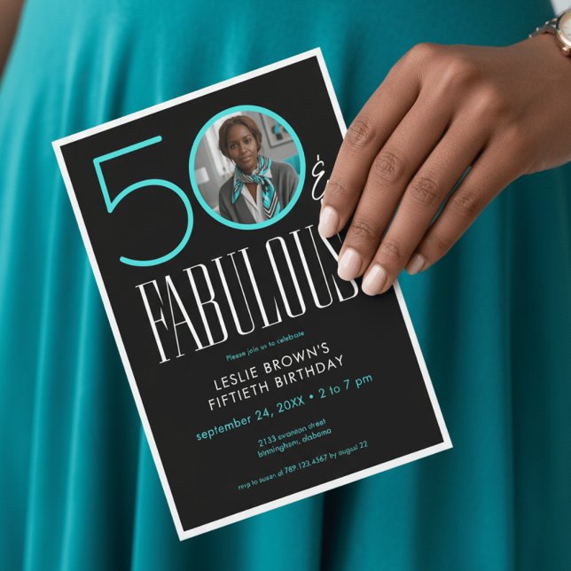 Invitación Cumpleaños Moderno Cincuenta Fabuoso Aqua Blanco F (Subido por el creador)