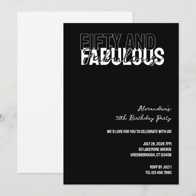 Invitación Cumpleaños Moderno Cincuenta y Fabuloso 50 (Anverso / Reverso)