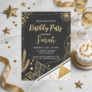 Invitación cumpleaños moderno con brillo negro y dorado de lu