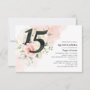 Invitación Cumpleaños moderno de 15 años floral rosa Quinceañ