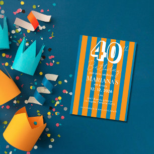 Invitación Cumpleaños moderno de 40 años con rayas azules cob