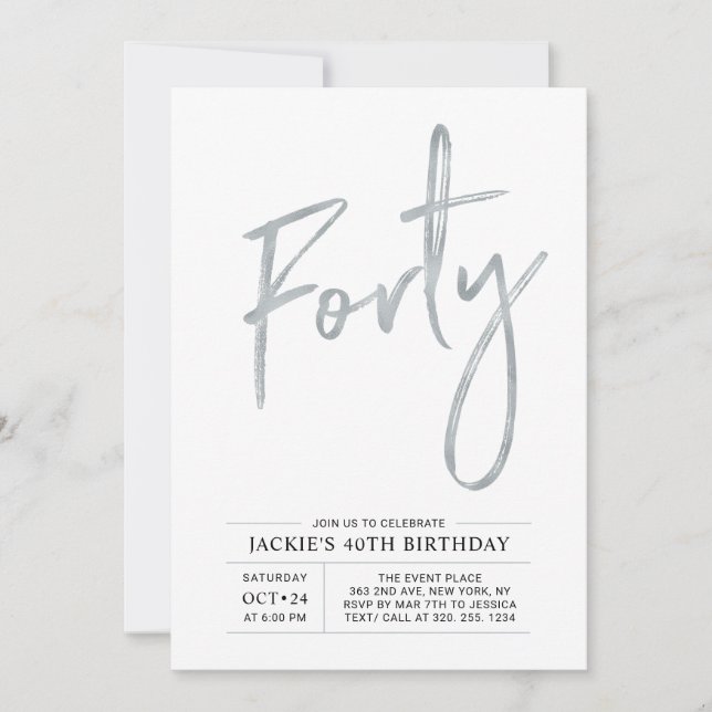 Invitación Cumpleaños moderno de 40 años | Cuarenta Plateado (Anverso)