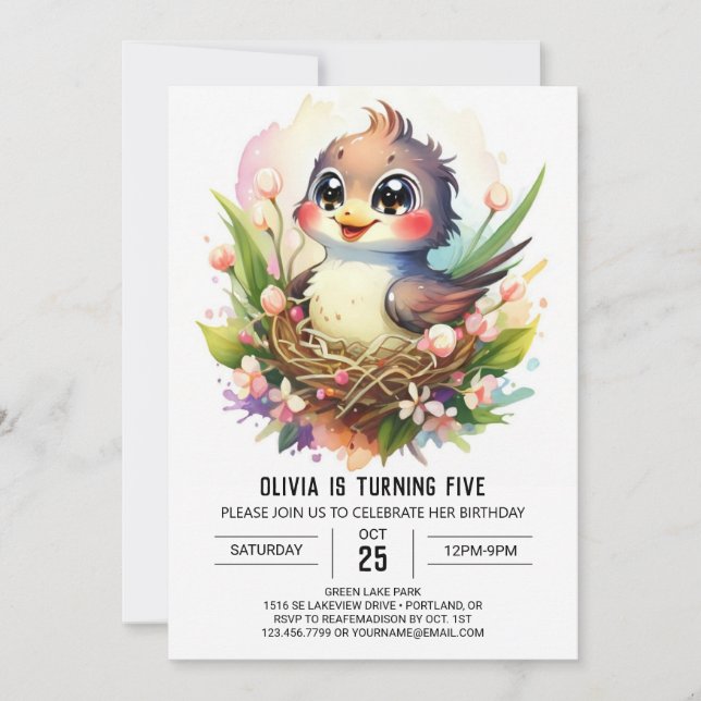 Invitación Cumpleaños moderno de aves en línea (Anverso)