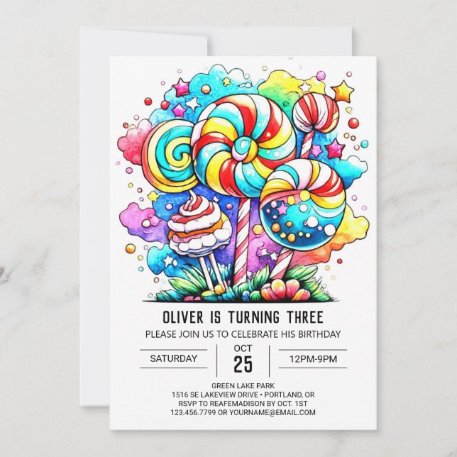 Invitación Cumpleaños moderno de Candyland (Anverso)