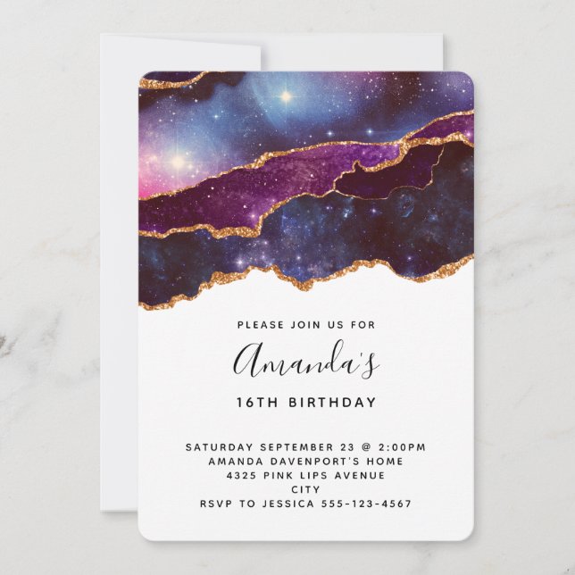 Invitación Cumpleaños moderno de espacio y estrellas azules y (Anverso)