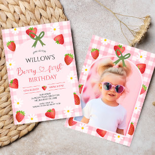 Invitación Cumpleaños moderno de fresa con arco de corazón de