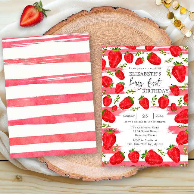 Invitación Cumpleaños moderno de fresa con rayas rosadas y bl (Subido por el creador)