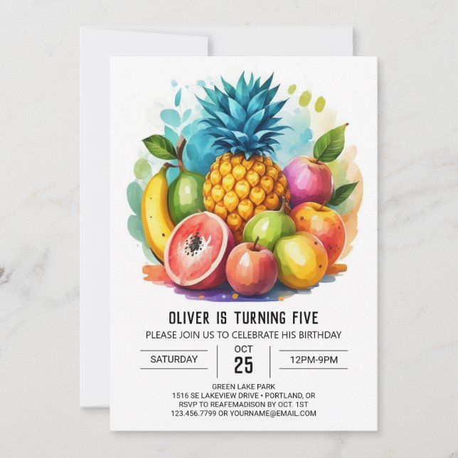Invitación Cumpleaños moderno de frutas jugosas de Apple (Anverso)