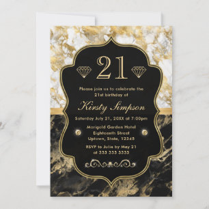 Invitación Cumpleaños Moderno de Mármol Negro, Blanco y Dorad