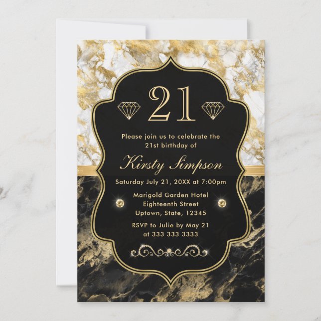 Invitación Cumpleaños Moderno de Mármol Negro, Blanco y Dorad (Anverso)
