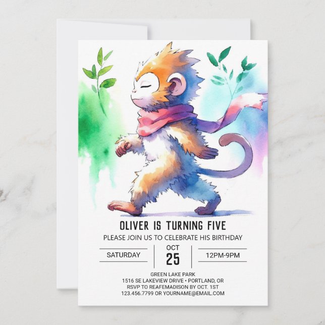 Invitación Cumpleaños moderno de monos en línea (Anverso)