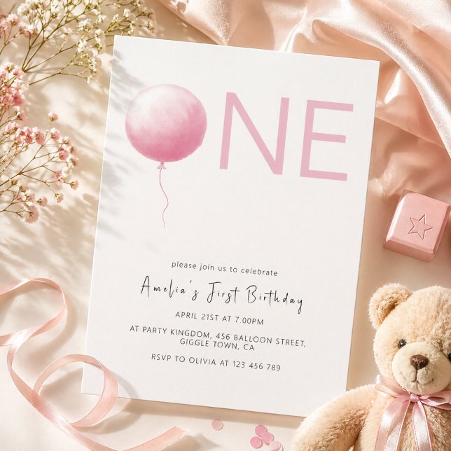Invitación Cumpleaños moderno de niña con globo rosa claro (Subido por el creador)