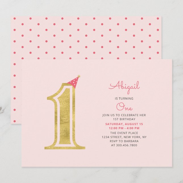 Invitación Cumpleaños moderno de niña | Rosa y dorado (Anverso / Reverso)