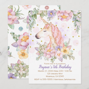 Invitación Cumpleaños Moderno de Niñas Unicornio Floral Brill