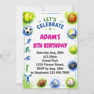 Invitación Cumpleaños moderno de niños deportistas azules
