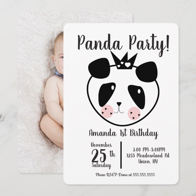 Invitación Cumpleaños moderno de panda lindo 1er (Anverso / Reverso)