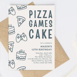Invitación Cumpleaños moderno de pizza y videojuegos para ado
