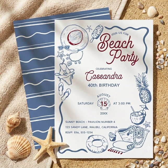 Invitación Cumpleaños moderno de playa azul y rojo de verano (Subido por el creador)