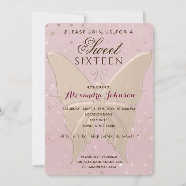 Invitación Cumpleaños Moderno de Rosa Dorado Sweet 16 (Anverso)