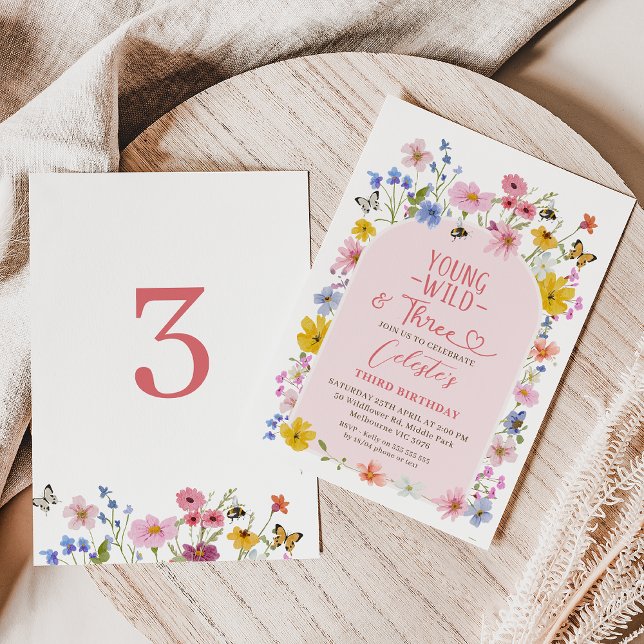 Invitación Cumpleaños moderno de Wildflower joven salvaje tre (Young Wild and Three Wildflower 3rd Birthday Invitation, Young Wild and Three Invitation Template)