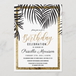 Invitación Cumpleaños moderno del oro de la palmera del negro
