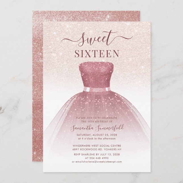 Invitación Cumpleaños Moderno Dulces 16 Rosa Dorado Script Br (Anverso / Reverso)