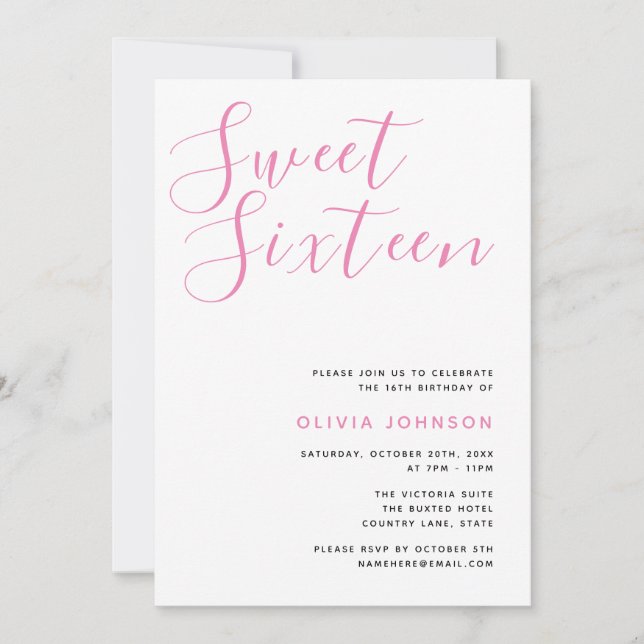 Invitación Cumpleaños Moderno Dulces Dieciséis Rosa y Blanco (Anverso)