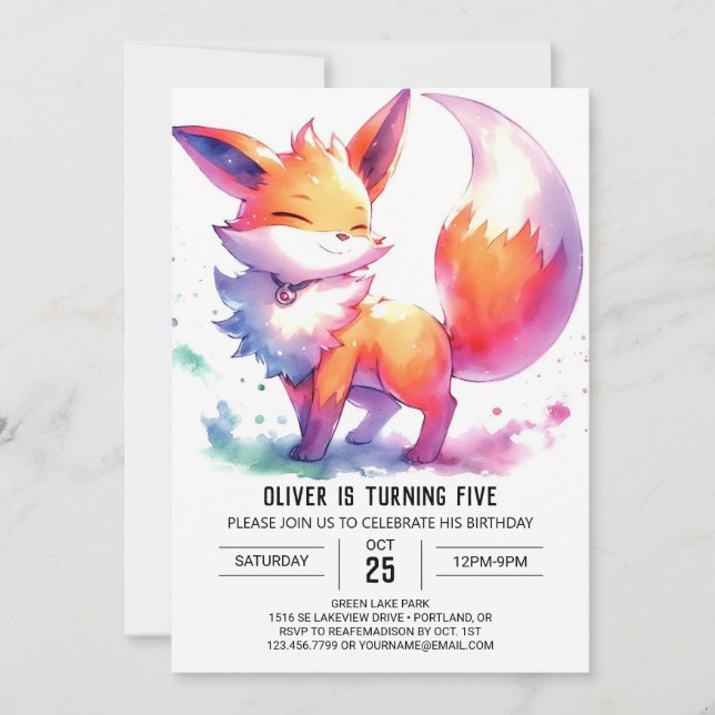 Invitación Cumpleaños moderno editable de Fox (Anverso)