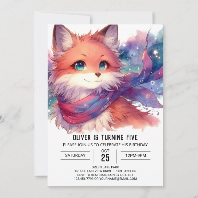 Invitación Cumpleaños moderno editable de Fox (Anverso)