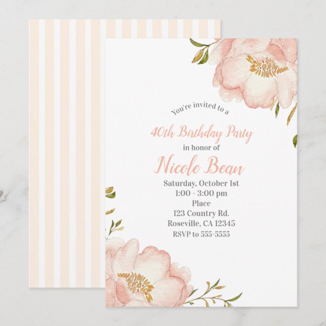 Invitación Cumpleaños Moderno Elegante con Flores Rosadas de  (Anverso / Reverso)