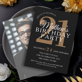 Invitación Cumpleaños moderno en negro y dorado para los 21 a