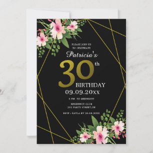Invitación Cumpleaños moderno floral negro y dorado 30
