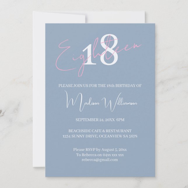 Invitación Cumpleaños Moderno Minimalista Rosa Azul 18avo (Anverso)
