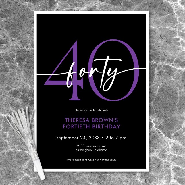Invitación Cumpleaños Moderno Mínimo Púrpura Cuarenta Script (Modern Minimal Purple Forty Script Birthday Invitation)