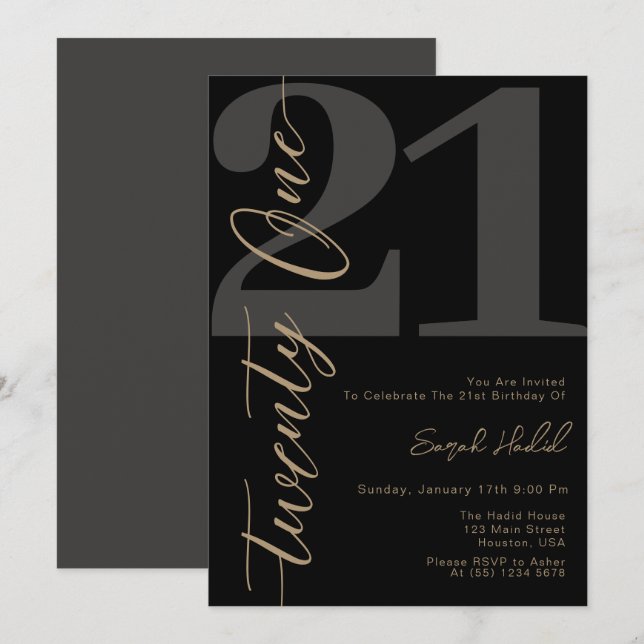 Invitación Cumpleaños moderno negro veintiuno 21 (Anverso / Reverso)