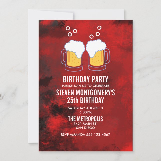 Invitación Cumpleaños Moderno Rojo Abstracto con Jarras de Ce (Anverso)