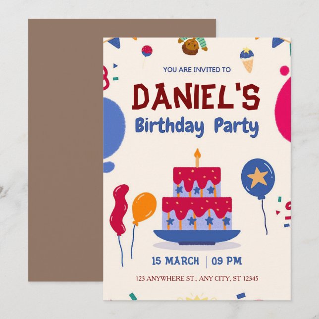 Invitación Cumpleaños moderno rojo y azul (Anverso / Reverso)